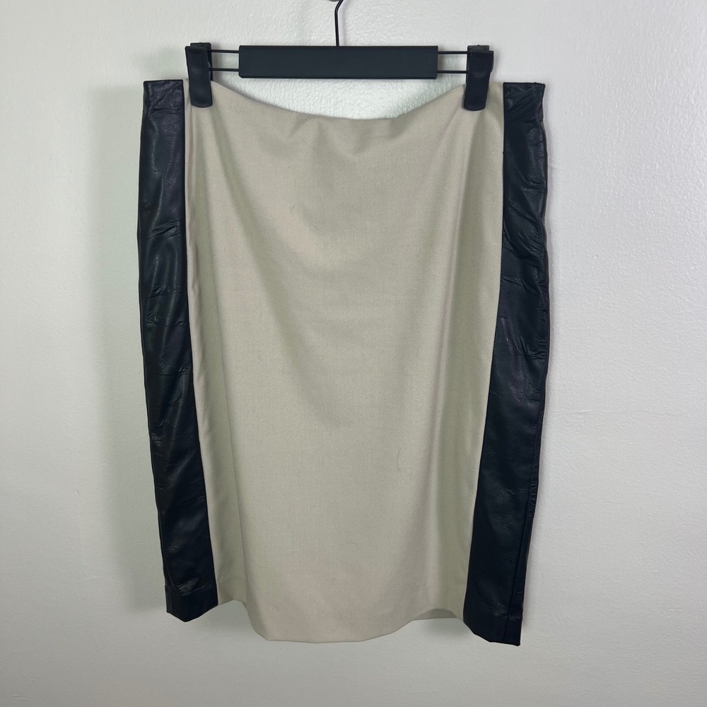 Calvin Klein Black Faux Leather Trim Beige Pencil Skirt Women's Size 10